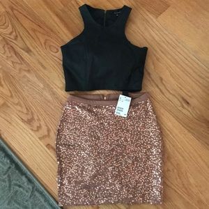 Rose gold sequin skirt and faux leather crop top